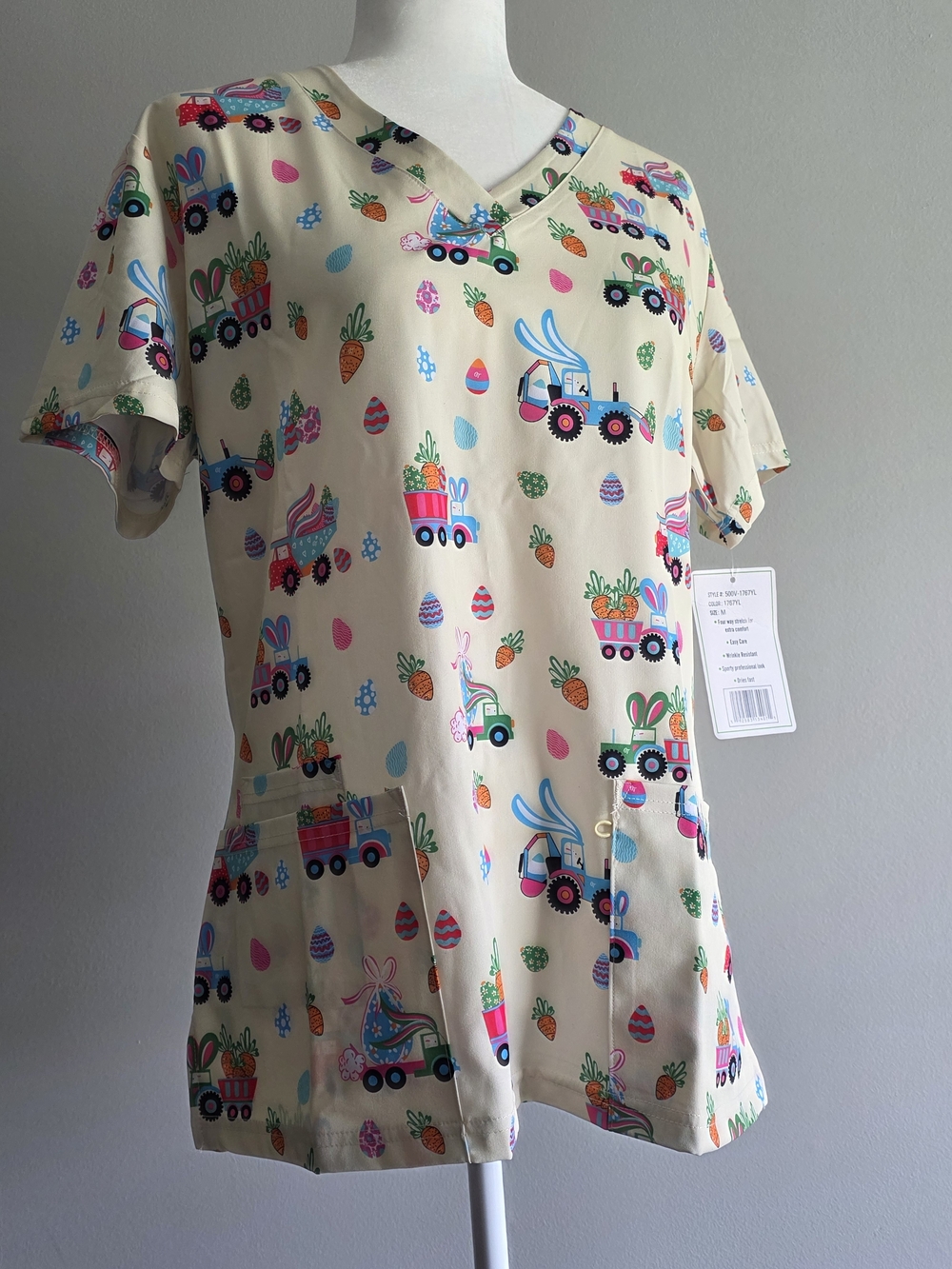 GT Performance Easter Bunny Tractor Print Scrub Top Size M New With Tags
